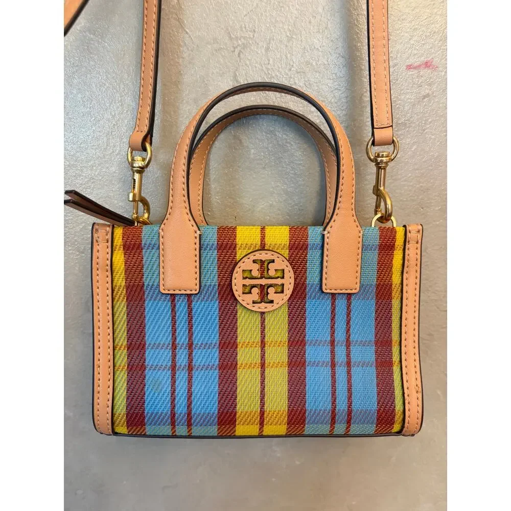 Tory Burch Ella Mini Plaid Top Handle Crossbody Tote Bag Multicolor Leather Trim - Picture 7 of 16